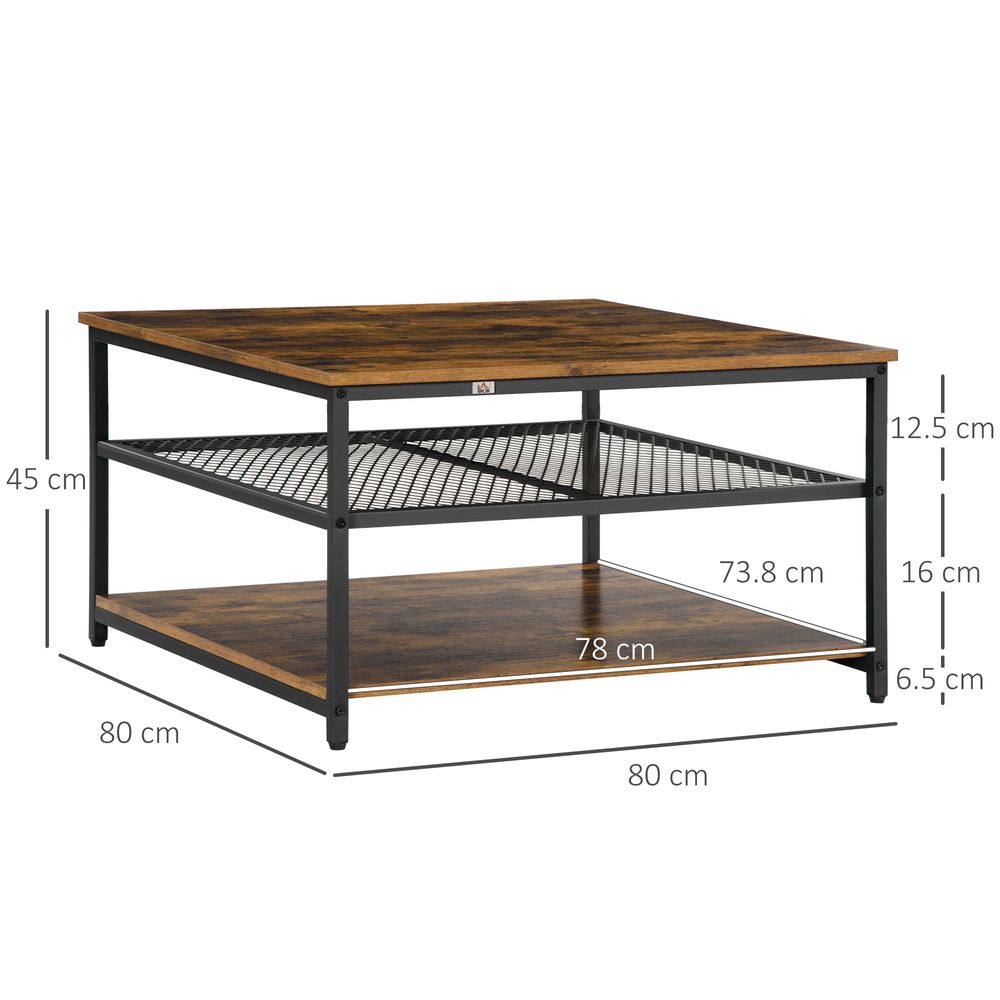 Coffee Table, Living Room Table with 3-Tier Storage Shelves, Square Tea Table for Home Office, Rustic Brown