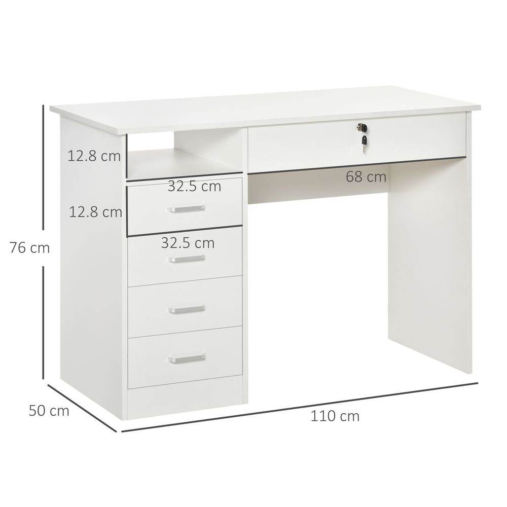 Computer Desk, Home Office Desk with Lockable Drawer, Storage Shelf for Study Bedroom, 110 x 50 x 76 cm, White