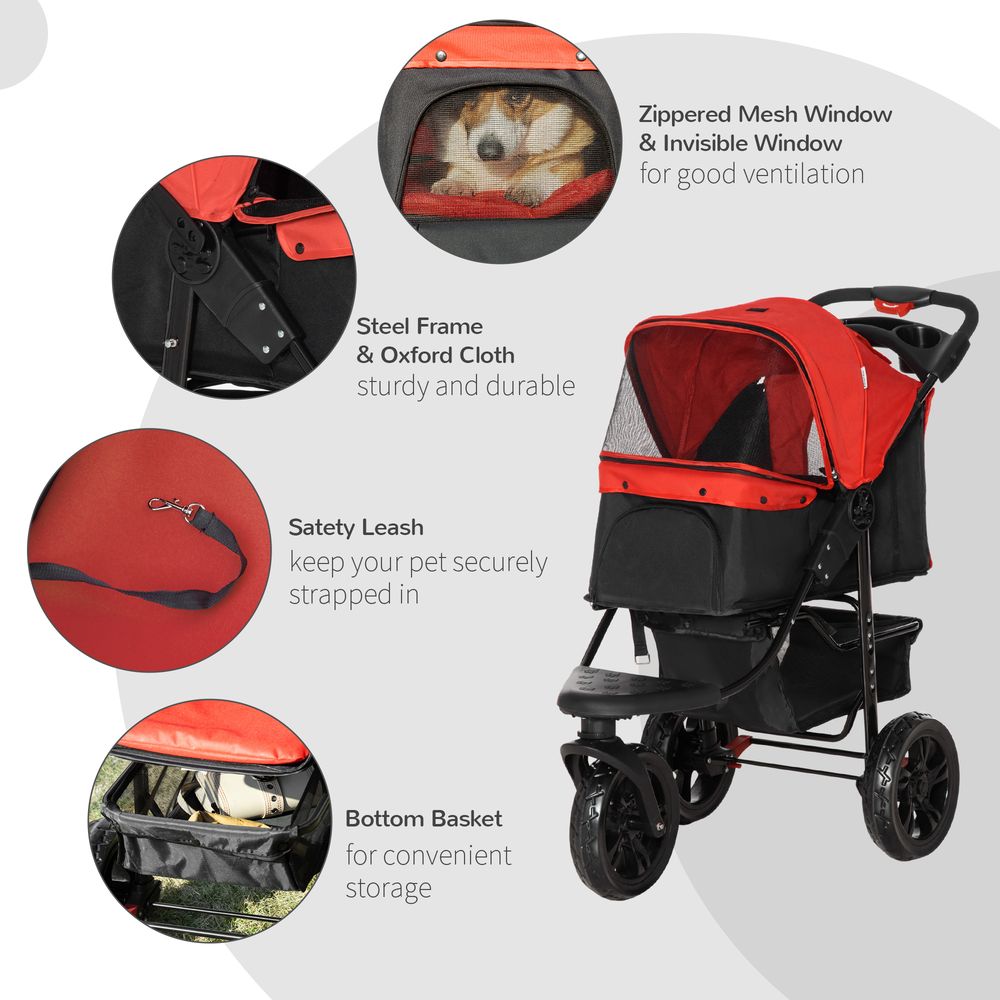 IE Located Folding Pet Stroller 3 Wheel Dog Jogger Travel Carrier Adjustable Canopy Storage Brake Mesh Window for Small Miniature Dog Cat Red