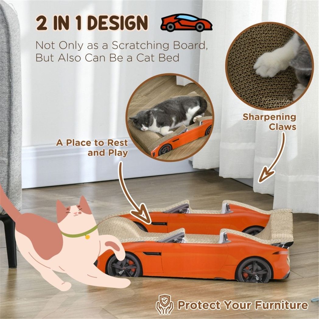 Cat Scratching Board - Car-shaped design doubles as a comfy bed for cats - Red