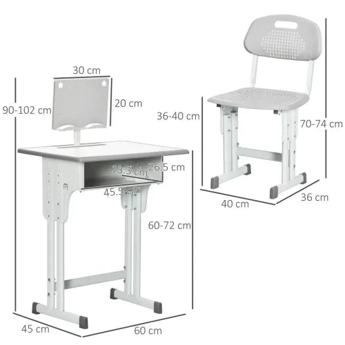 Kids Desk and Chair Set Adjustable Height Study Table Set w/Drawer, Book Stand, Pen Slot - Grey