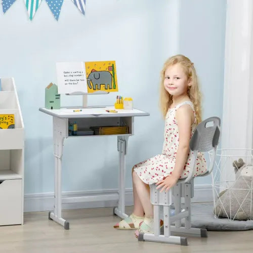 Kids Desk and Chair Set Adjustable Height Study Table Set w/Drawer, Book Stand, Pen Slot - Grey