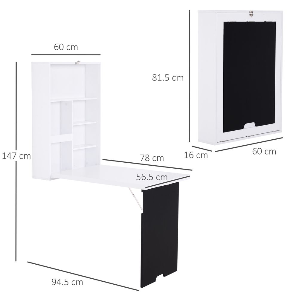 Space-Saving White Wall-Mounted Desk - Fold-Out Convertible Office Table with Chalkboard Shelf
