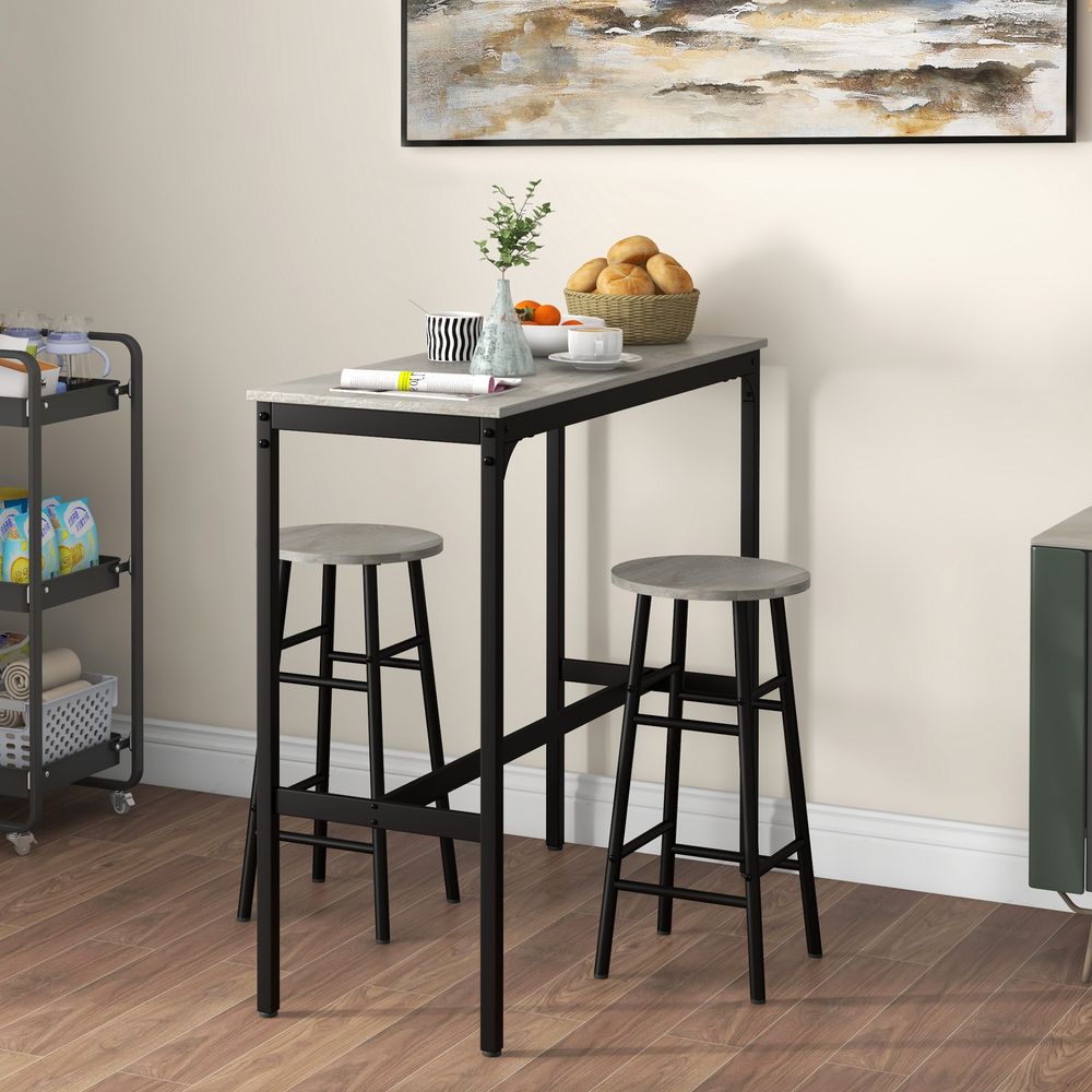 3 Piece Bar Set, Industrial Kitchen and Chair Set for Small Space, Grey