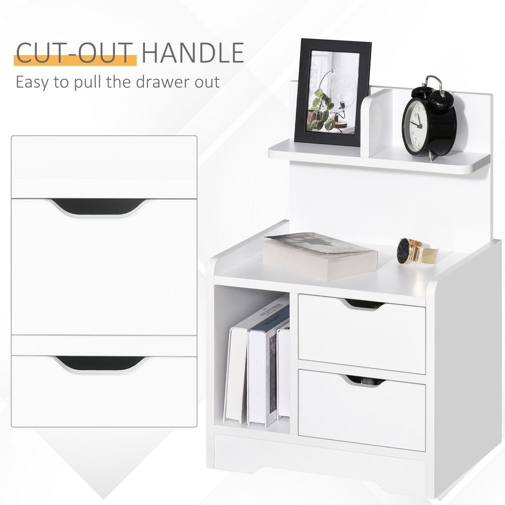 Bedside Table, Small Bedside Cabinet with 2 Drawers and Storage Shelves, Accent Table for Living Room, Bedroom, White