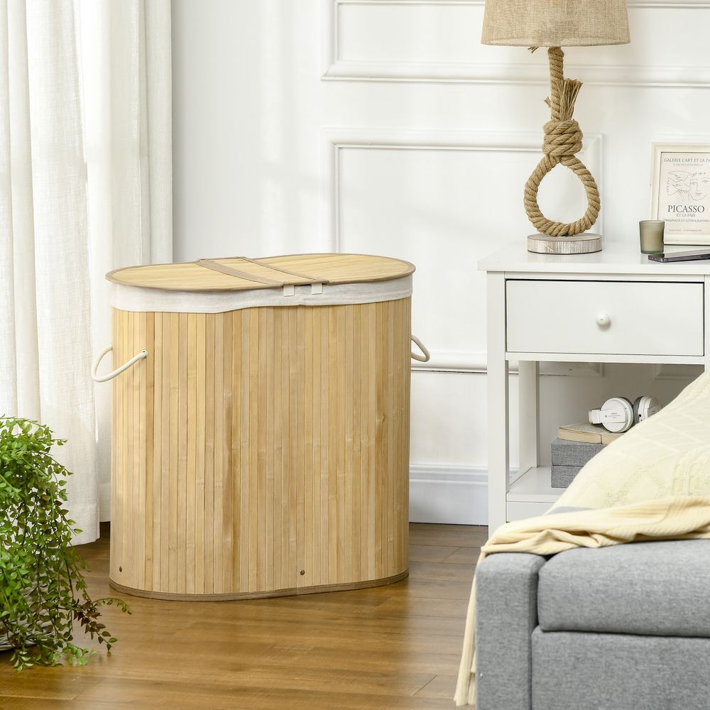 Bamboo Laundry Basket with Lid, 100 Litres Laundry Hamper with 2 Sections, Removable Washable Lining, Washing Baskets, 62.5 x 37 x 60.5cm, Natural