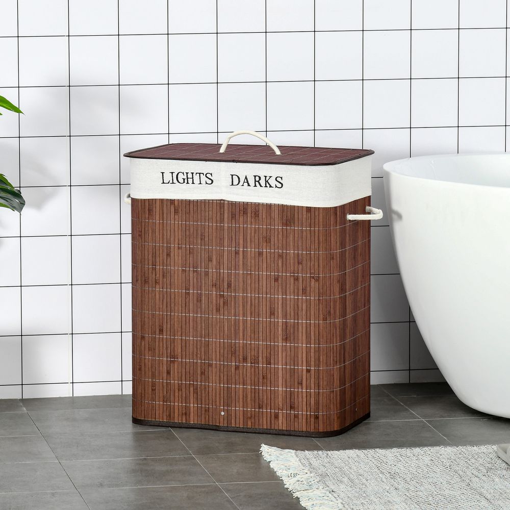 2 Section Collapsible Laundry Hamper Lid Removable Lining, Brown