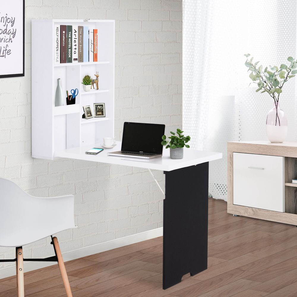 Space-Saving White Wall-Mounted Desk - Fold-Out Convertible Office Table with Chalkboard Shelf