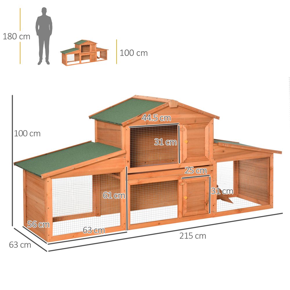 Large Rabbit Hutch Outdoor, Wooden Guinea Pig Hutch Small Animal House, Play Run Cage Outdoor Use 215 x 63 x 100 cm