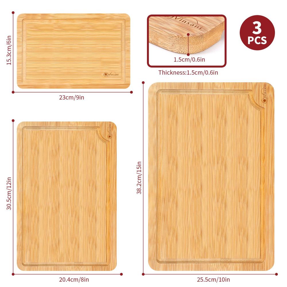 Bamboo Chopping Board Set - Quality 3-Piece Kitchen Essentials, Natural & Durable