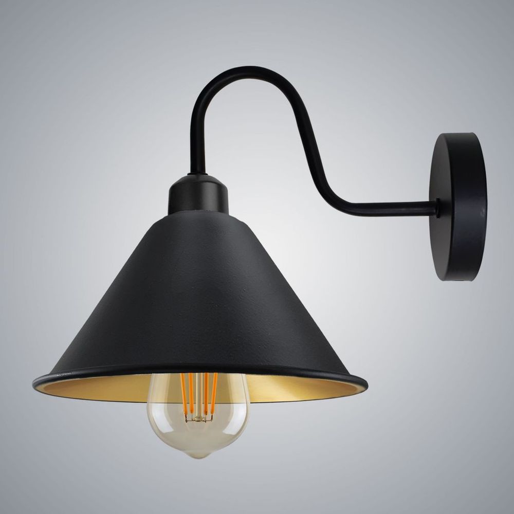 Vintage Black Gold Wall Light Fixture - E27 Base - Cone Shape Shade - Swan Neck