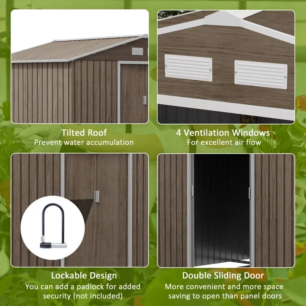 Garden Shed Storage Unit withLocking Door Floor Foundation Vent Brown