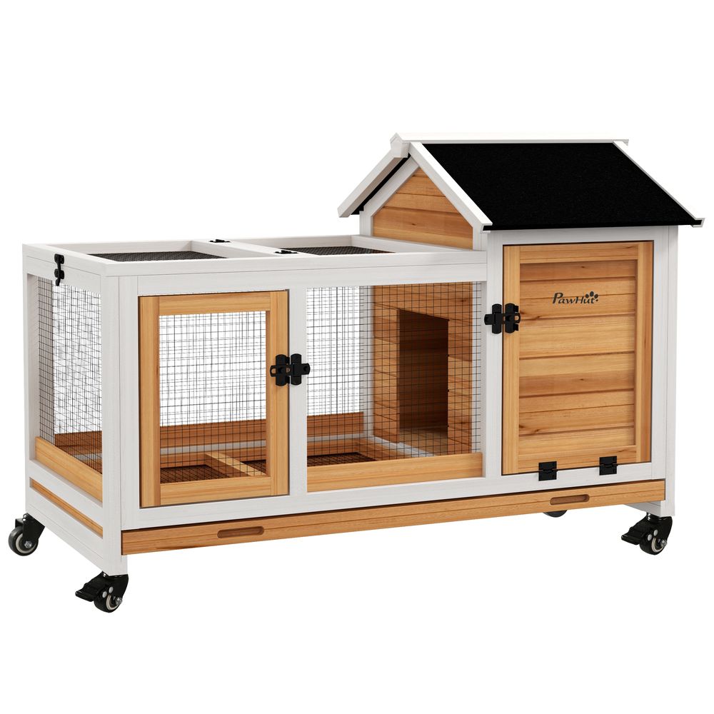 Wooden Rabbit Hutch, Small Animal House w/ Wheels, Removable Tray - Grey Yellow