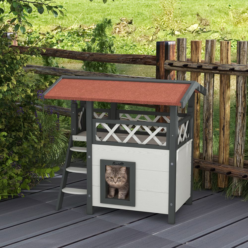 Outdoor Cat House w/ Stairs, Roof, & Balcony, White