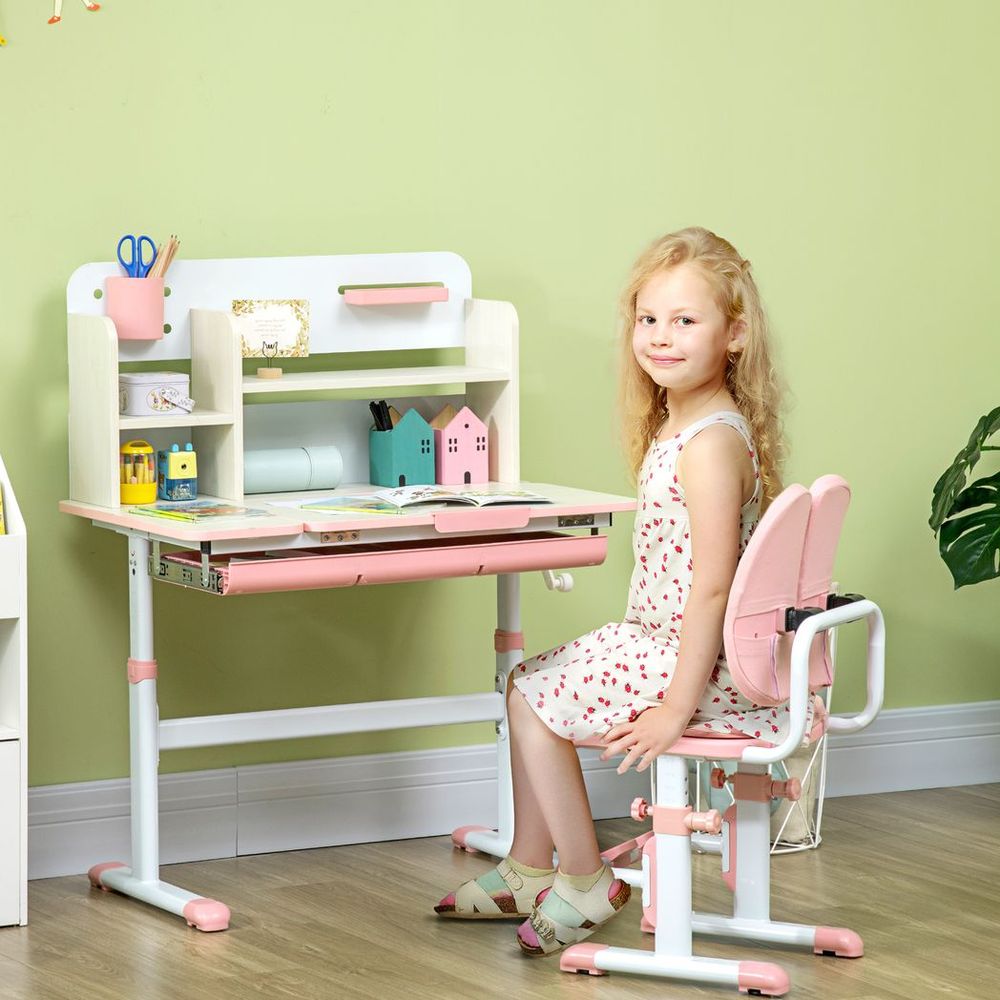Pink Kids Desk & Chair Set - Storage Shelves & Washable Cover