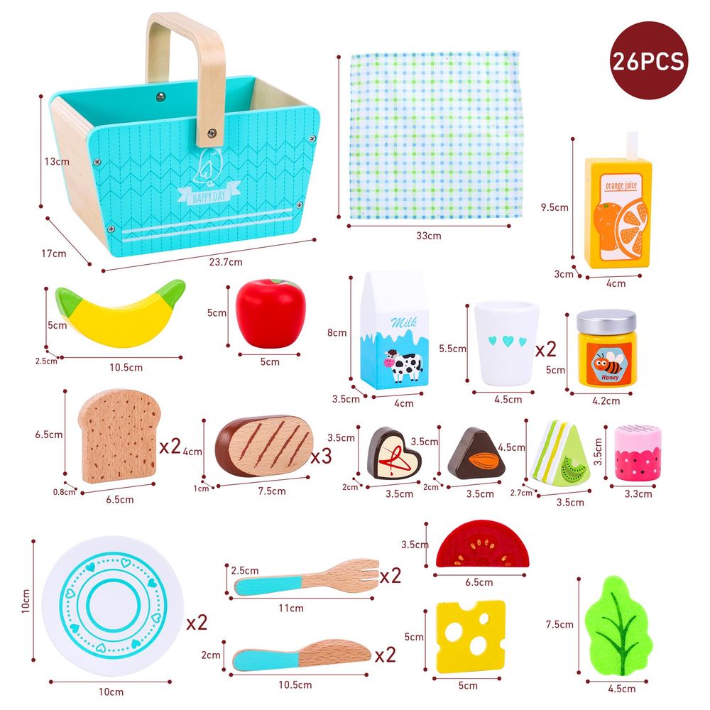 Happy Day-Picnic - Classic Toy Picnic Basket with Wooden Food Playset