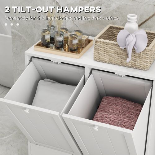 Tilt-out Laundry Storage Cabinet with 2 Compartment Hampers, White