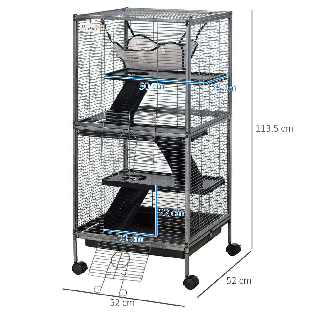 Small Animal Cage with Wheels Pet Home for Chinchillas Ferrets Kittens, with Hammock, 4 Platforms, Removable Tray, Grey