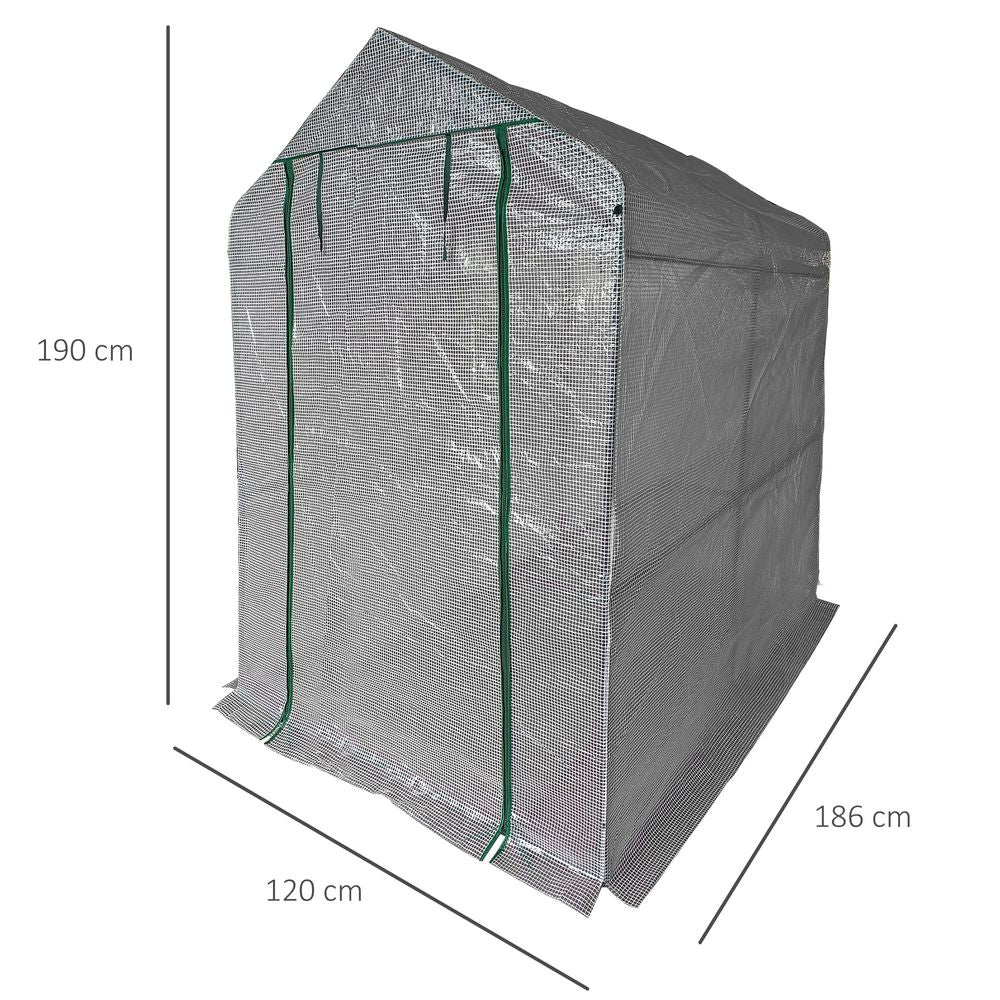 Walk-In Greenhouse - Steel Frame - PE Cover - Shelves - 186Lx120Wx190Hcm - White