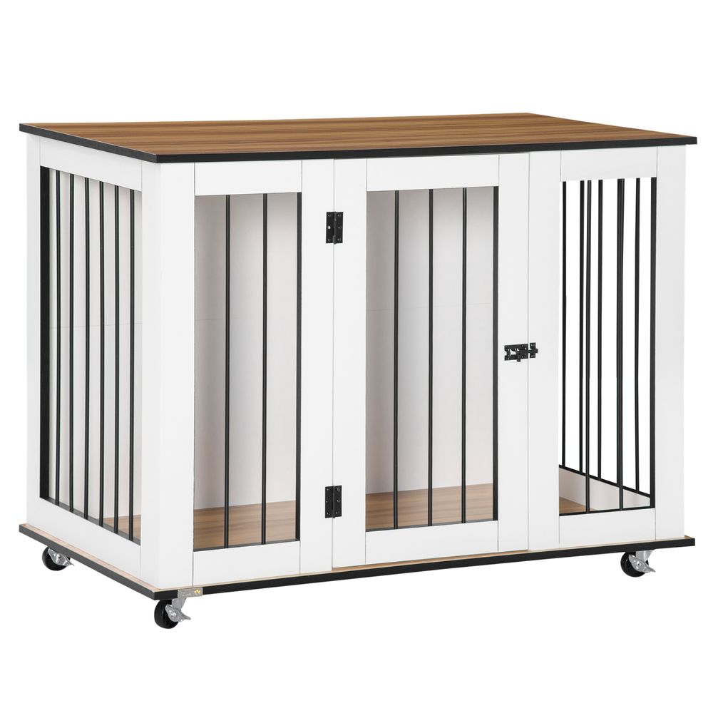 Dog Crate Furniture, Dog Cage End Table with Wheels, Lockable Door, for Medium Dogs, 106 x 60 x 82 cm - White