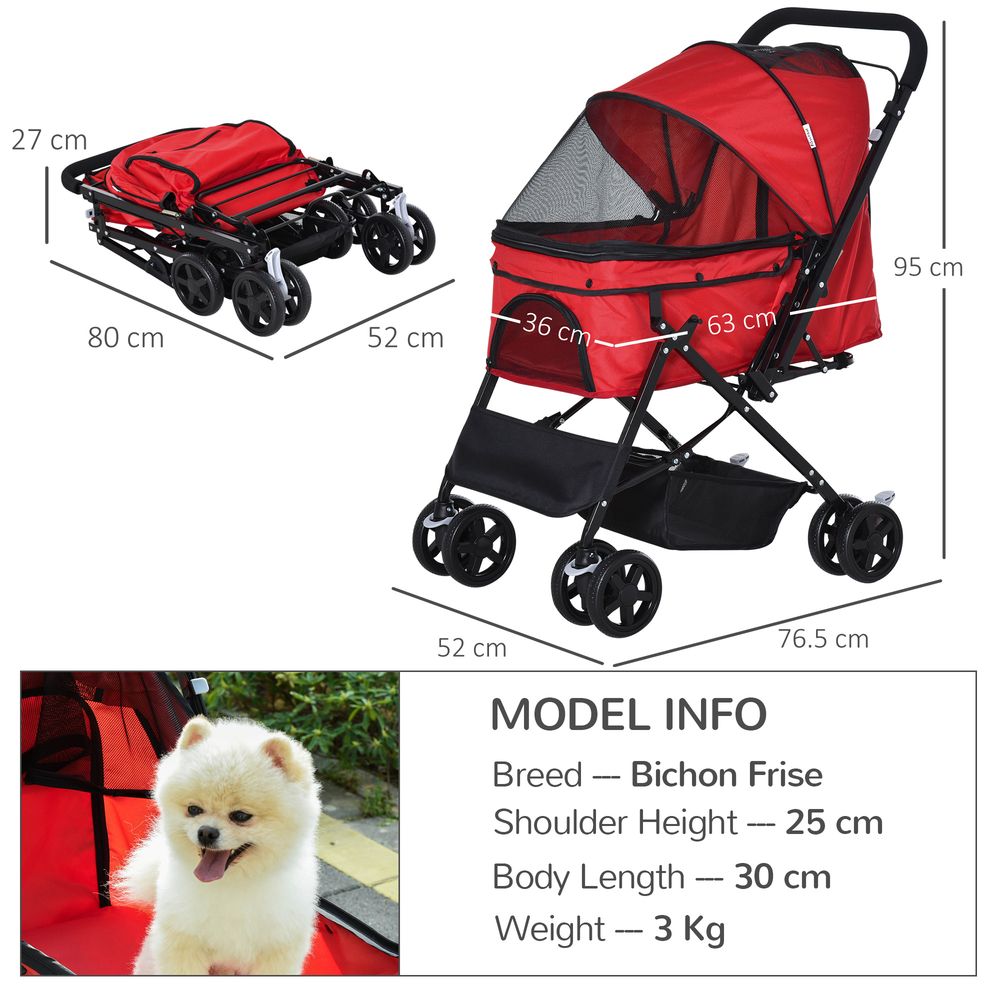 Dog Stroller, Pet Stroller, Foldable Dog Cat Travel Pushchair with Reversible Handle, EVA Wheels, Brake, Basket, Adjustable Canopy, Safety Leash, for Small Dogs, Red