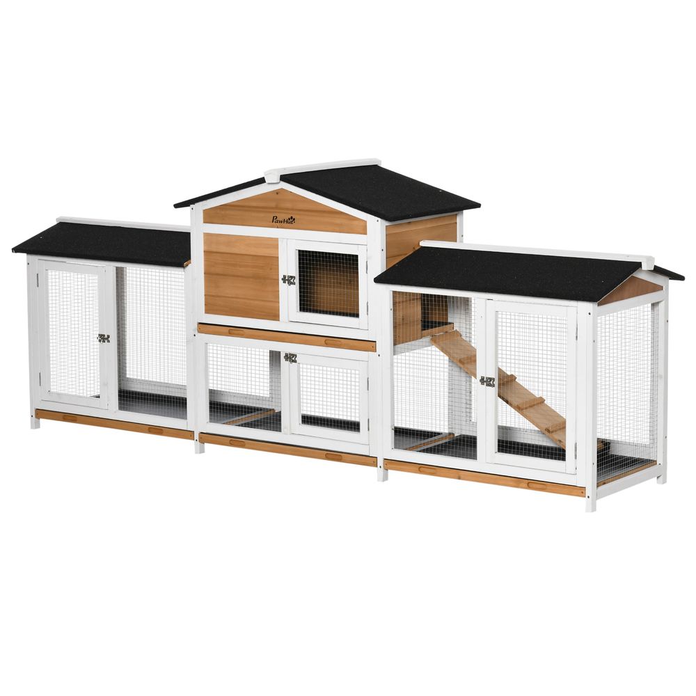Large Rabbit Hutch Outdoor, 2-Tier Guinea Hutch, Wooden Bunny Run, Small Animal House with Double Side Run Boxes, No-leak Plastic Tray, Ramp, 230 x 53 x 93.5cm