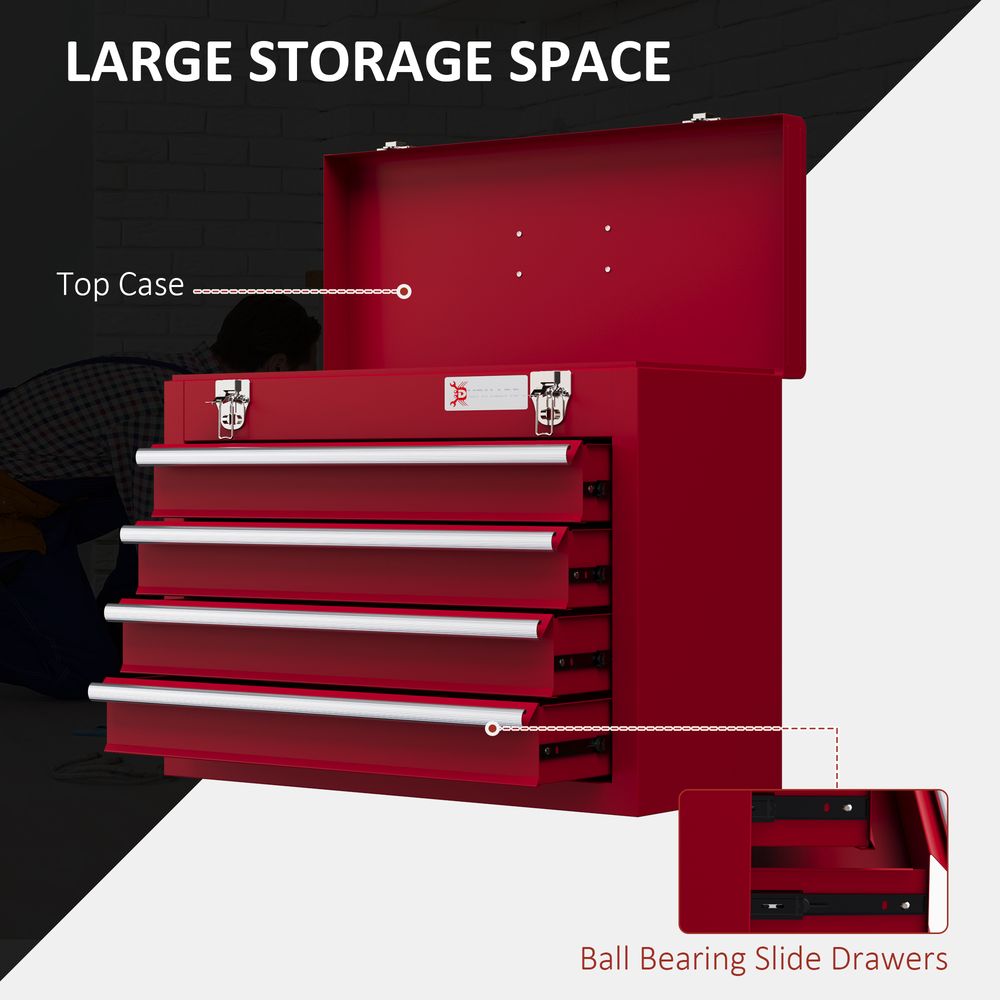 Lockable 4 Drawer Tool Chest with Ball Bearing Slide Drawers Red