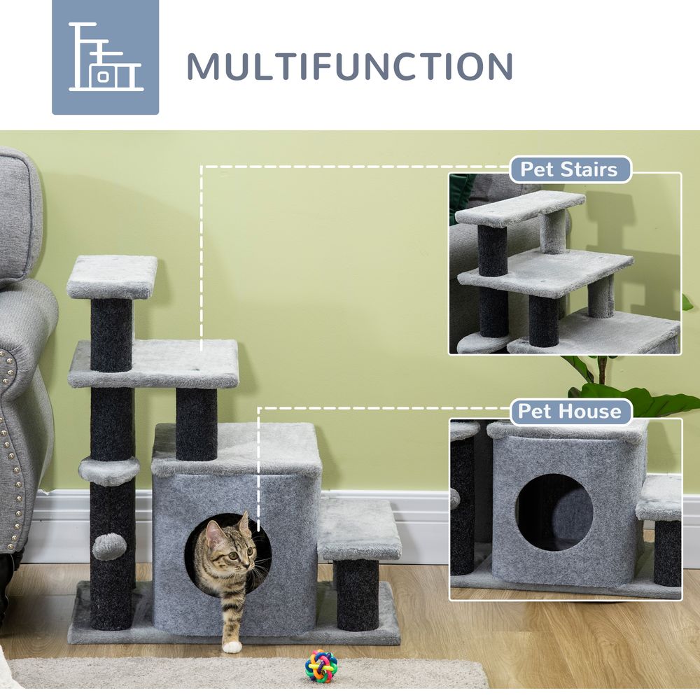 Dog Steps for Bed 4 Step Pet Stairs Cat House with Detachable Cover, Cat ladder for Sofa w/Hanging Balls - Grey