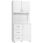 Free standing Kitchen Cupboard, Storage Cabinet with Doors and Sheleves, 3 drawers and Open Space, Adjustable Height Storage Unit, White
