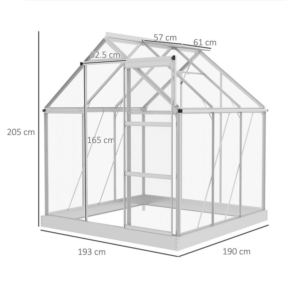 6 x 6ft Walk-In Polycarbonate Greenhouse with Foundation Window Silver