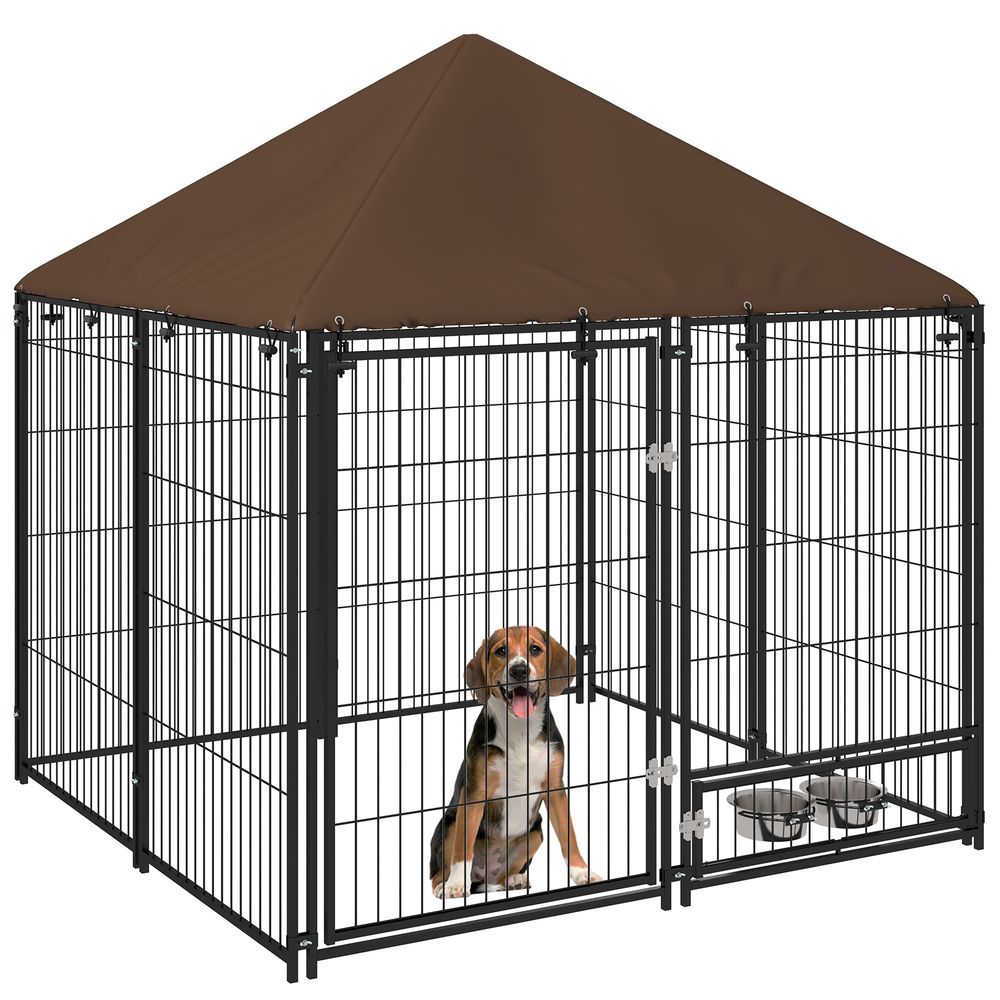 Outdoor Dog House Kennel: Canopy Top, Secure Lock, and Rotating Bowl Holder