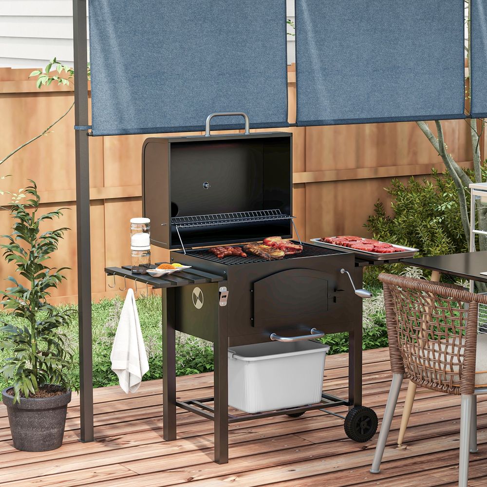 BBQ Grill Trolley w/ Adjustable Height & Thermometer - for Smokey Flavors and Large Gatherings