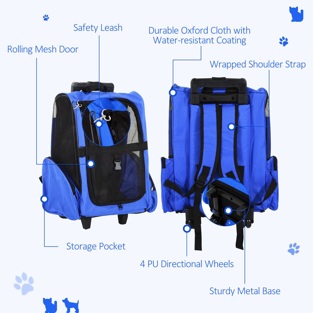 Pet Travel Backpack Bag Cat Puppy Dog Carrier w/ Trolley and Telescopic Handle Portable Stroller Wheel Luggage Bag (Blue)