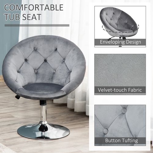 Swivel Dressing Stool, Velvet-feel Upholstered Vanity Chair, Adjustable Height Tub Makeup Chair with Button Tufting and Thick Padding, Breakfast Dining Chair, Grey