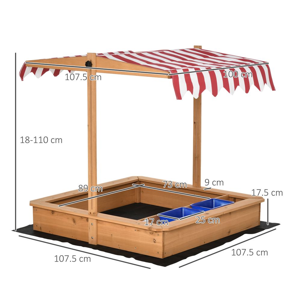 Sand Pit Kids Wooden Sandbox with Cover Children Sandpit Play Station Height Adjustable with Canopy, Bottom Liner, Plastic Basins for Outdoor Aged 3-7 Years