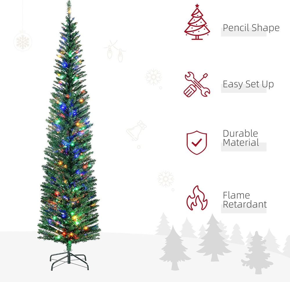 7.5ft Artificial Pencil Christmas Tree with Colourful Lights, Steel Base