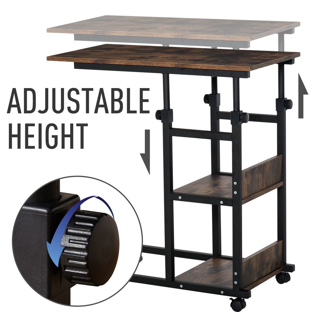 Industrial Mobile Sofa Side Table C-Shaped Rolling Couch Table with 3-Tier Storage Shelving Four Lockable Wheels Steel Frame - Brown