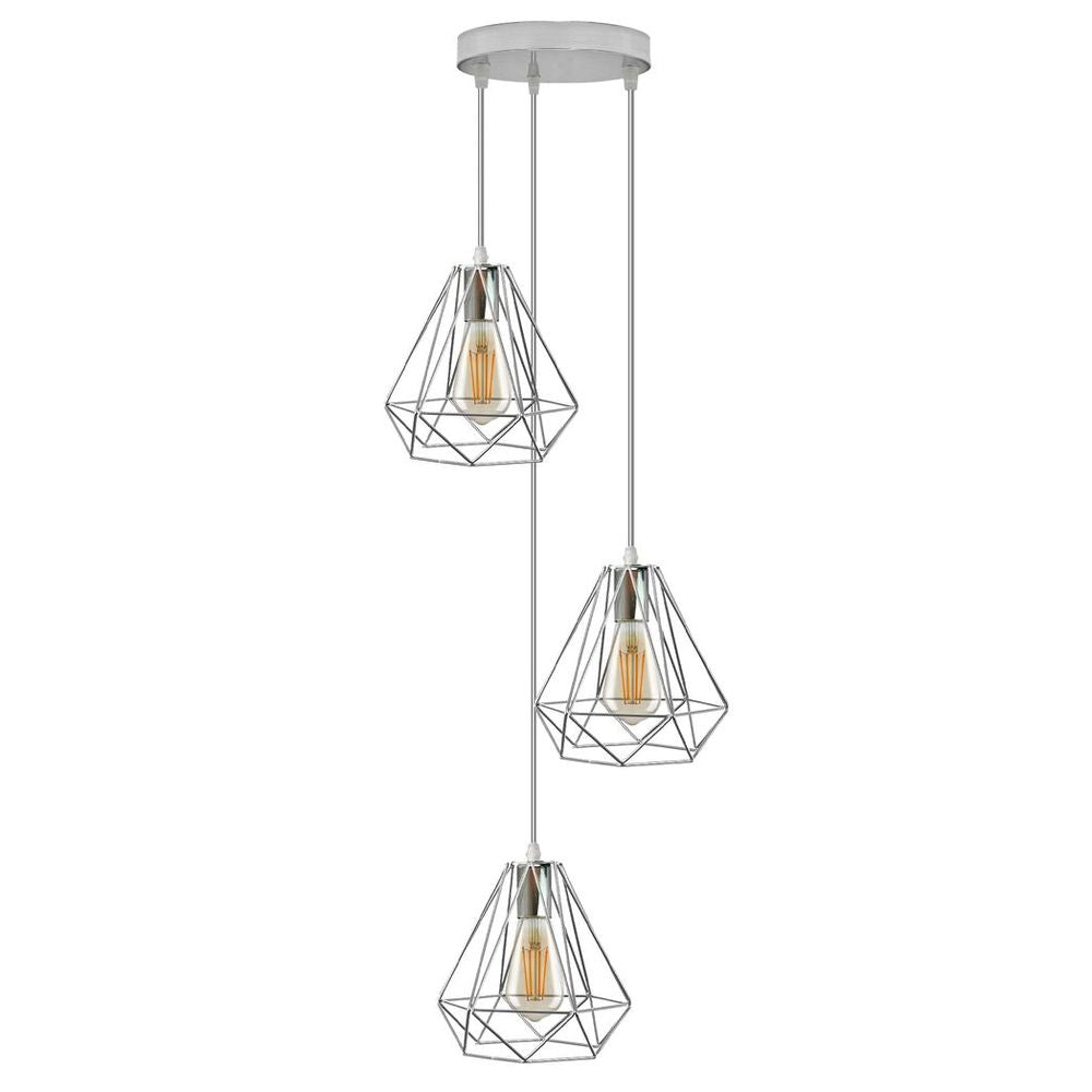3 Head Round Base Chrome Vintage Metal 20cm Diamond Wire Cage E27 Base Ceiling Pendant Light Fitting