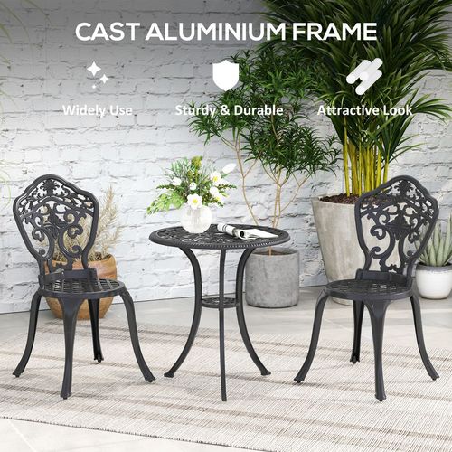3 PCs Cast Aluminium Bistro Set w/ Parasol Hole for Balcony, Black