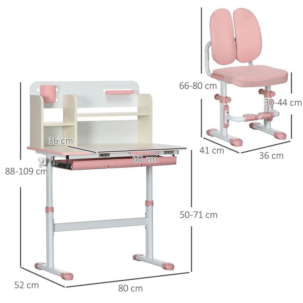 Pink Kids Desk & Chair Set - Storage Shelves & Washable Cover