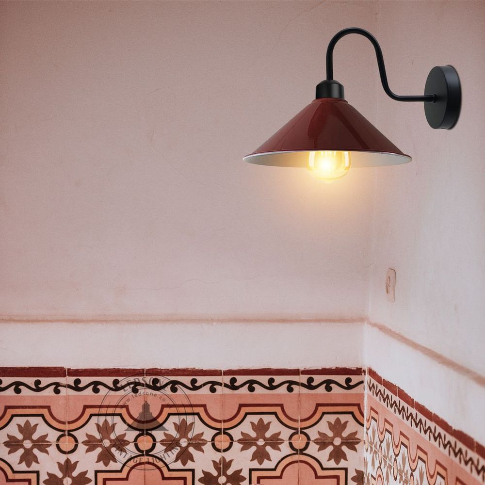 Burgandy Wall Light Fixture, Vintage Metal Cone Shape Shade, E27 Base, Dimmable, Indoor Lighting