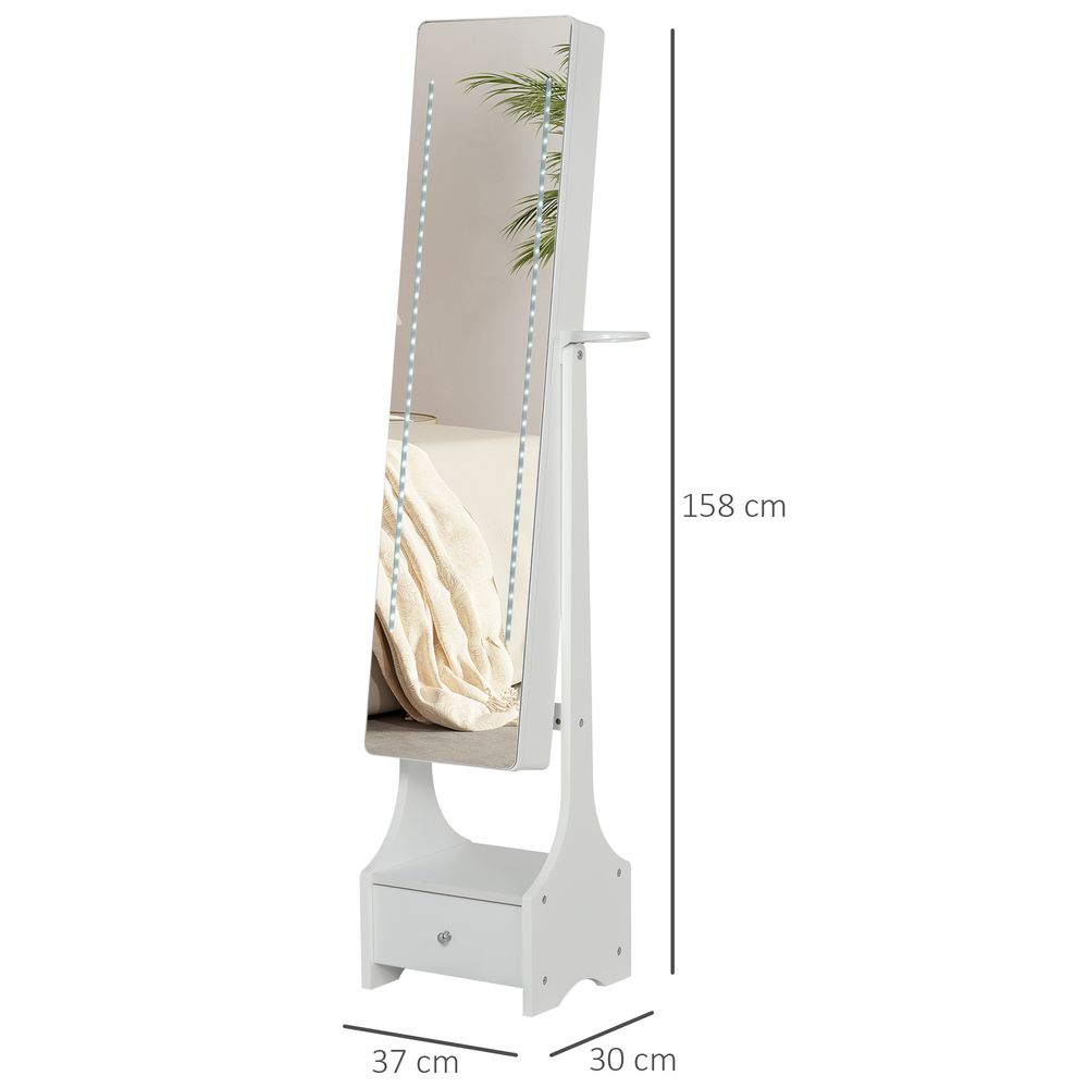 Jewellery Cabinet, Full Length Mirror with Storage, Free Standing Mirror with LED Lights, Hooks, Drawer and Hairdryer Holder for Bedroom, White