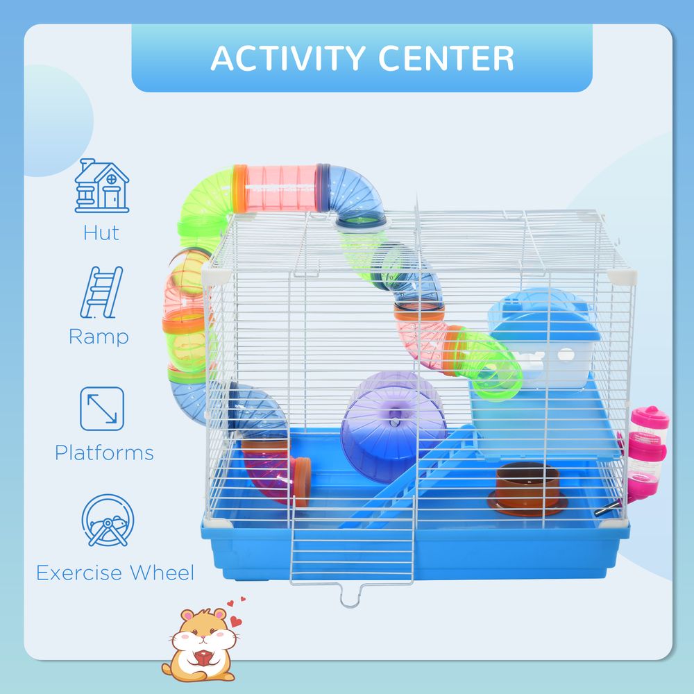 2 Tier Hamster Cage Carrier Habitat Small Animal House with Exercise Wheels Tunnel Tube Water Bottle Dishes House Ladder for Dwarf Mice, Blue
