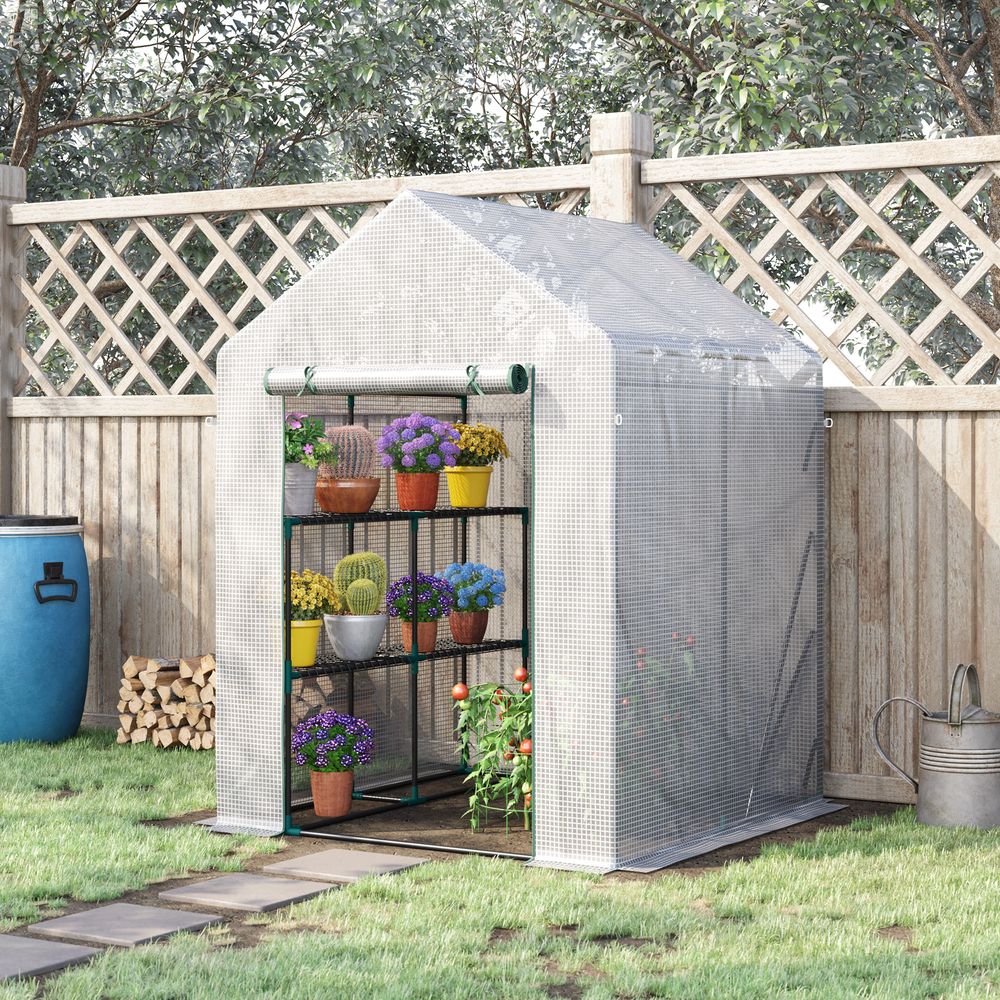 Greenhouse for Outdoor, Gardening 2 Tier Shelf, PE Cover, 143x143x195cm, Green in Green