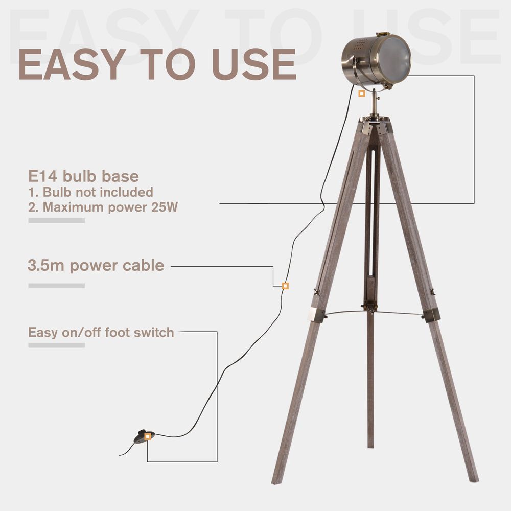 65L Wood/Bronze Tripod Floor Lamp - Adjustable Height & Shade - Stylish Home Decor