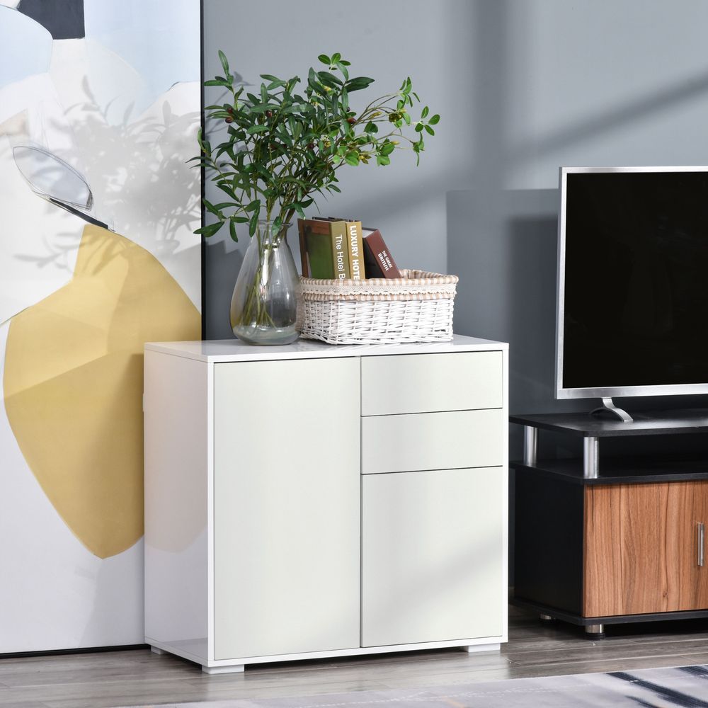High Gloss Frame Sideboard, Side Cabinet, Push-Open Design with 2 Drawer for Living Room, Bedroom, White in White