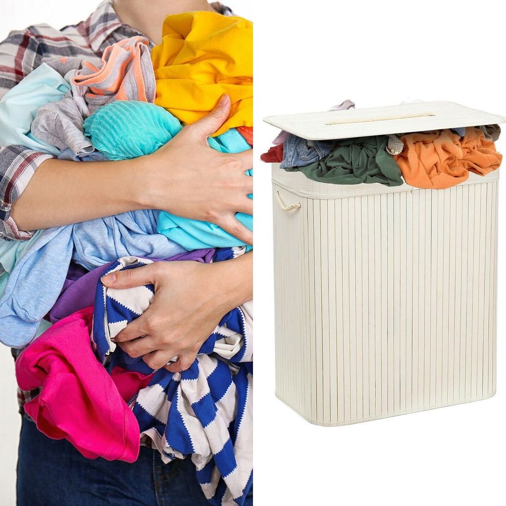 Organizer - Rectangular Bamboo Laundry Basket, White, Divider