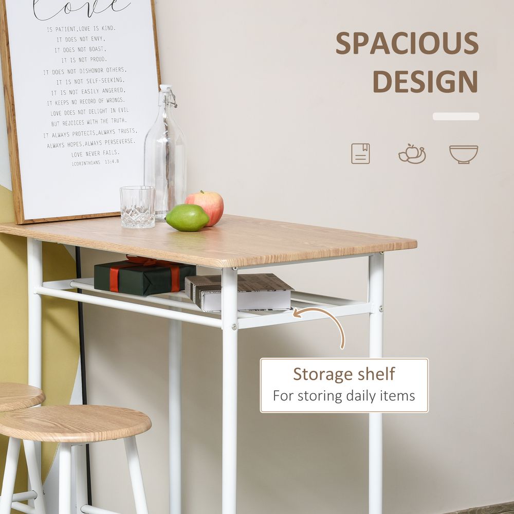 3Pc Bar Height Dining Set: White Oak; 3-Piece Kitchen Furniture for Small Spaces; Steel Frame; MDF Tops