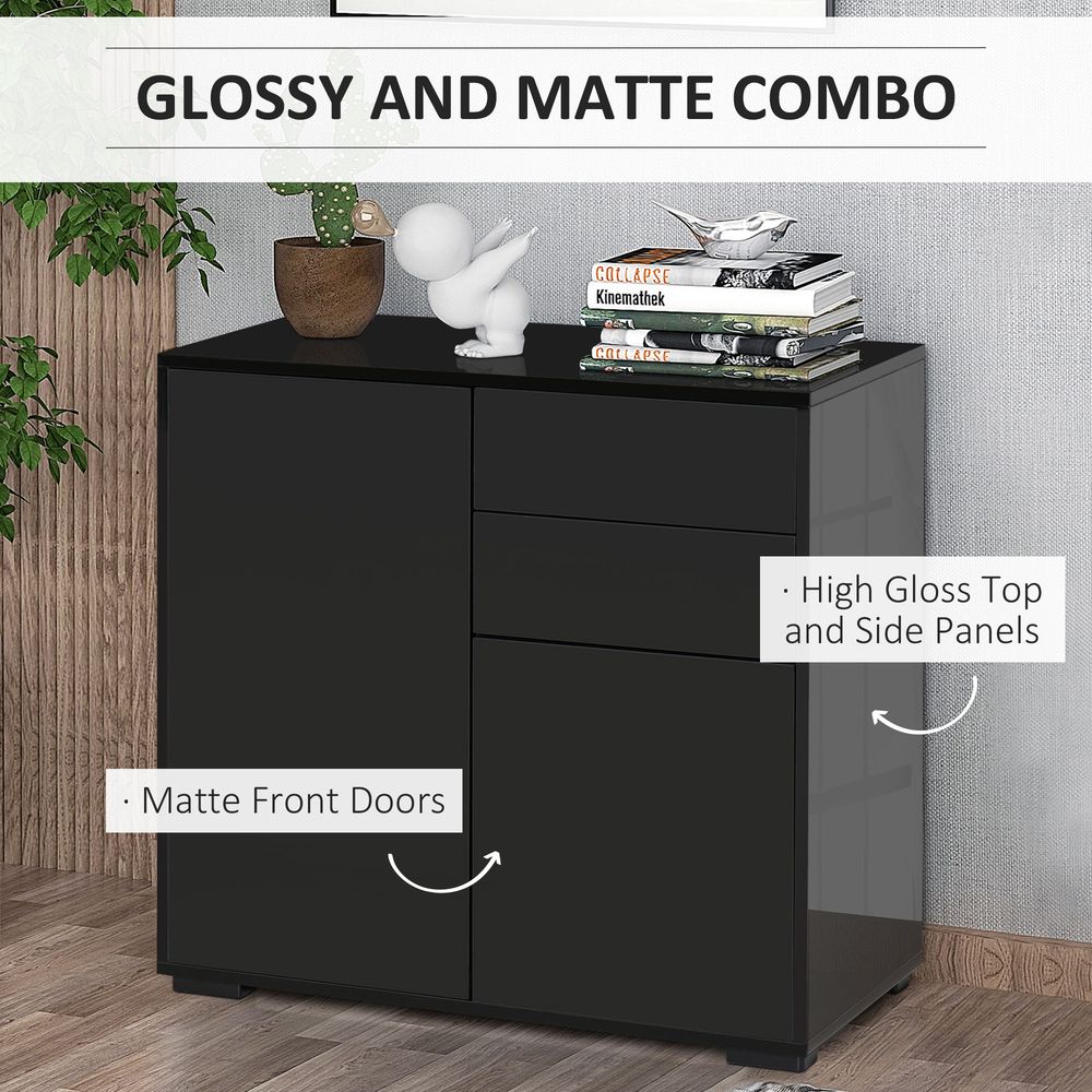 Glossy and Matte Side Cabinet with 2 Door & 2 Drawer - for Home Office - Black