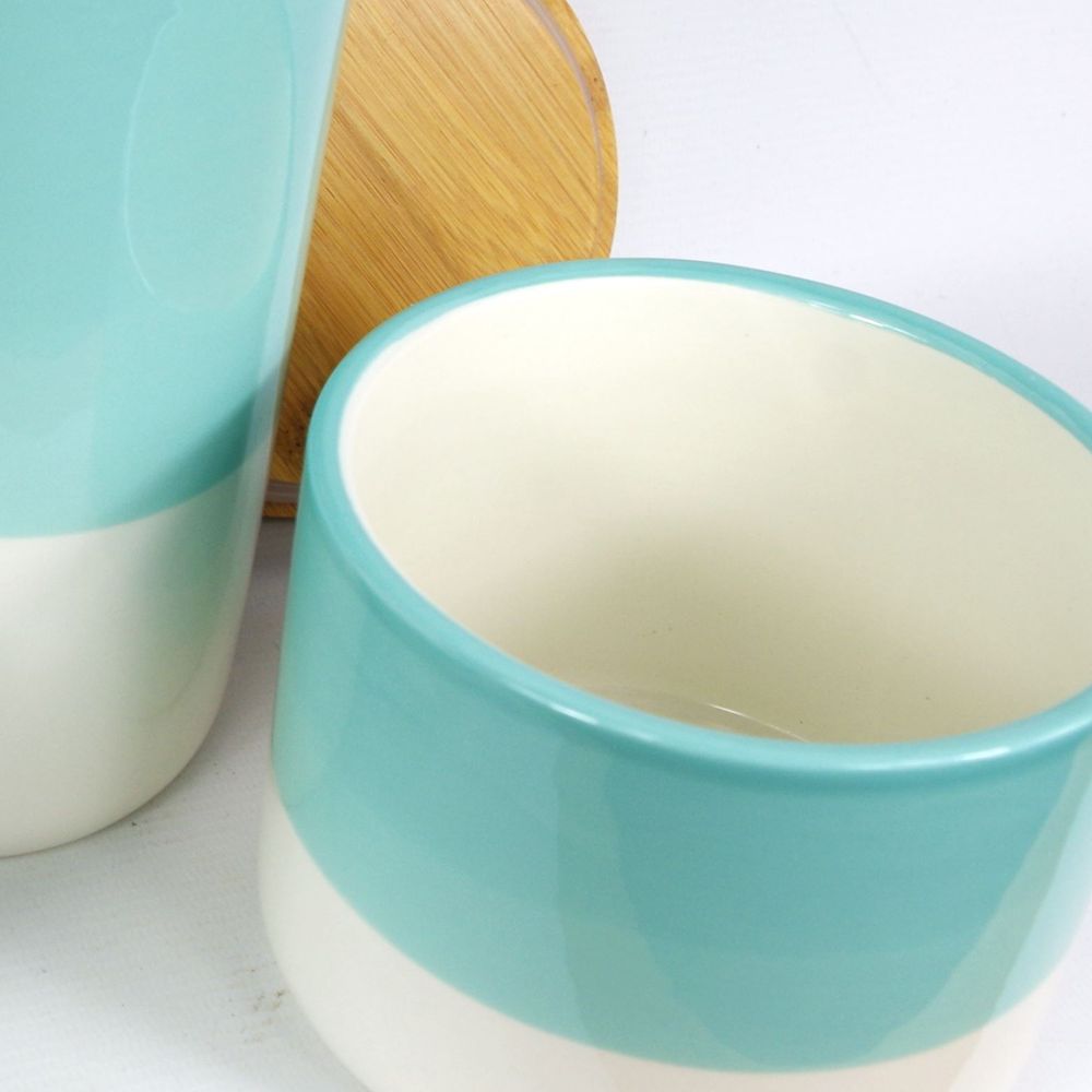 Set of Three Canisters Aqua Green Ceramic Storage Jars with Lids in Ceramic
